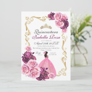 Pink Gold Rose Floral Quinceanera XV Años Invitation