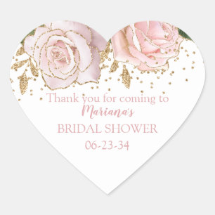Pink Gold Roses Bridal Shower Heart Sticker