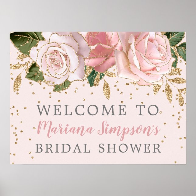 Pink Gold Roses Bridal Shower Poster (Front)