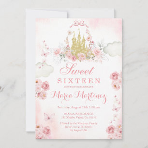 Pink Gold Roses Flowers Sweet 16th Birthday Invitation
