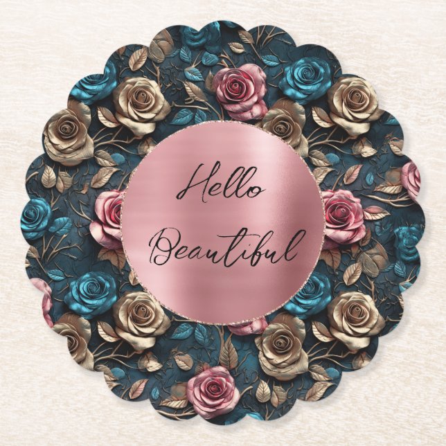 Pink Gold Roses  Paper Coaster (Front)