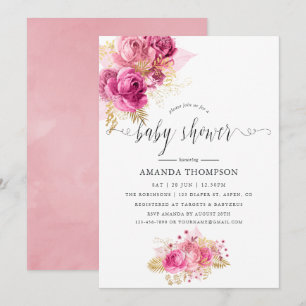 Pink & Gold Roses Watercolor Baby Shower Invitation