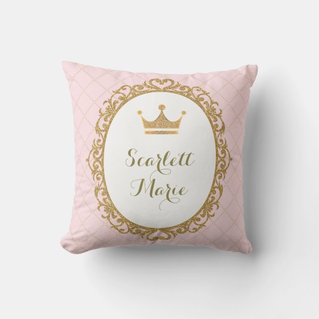 Pink Gold Royal Princess Crown Nursery Decoration Throw Pillow (Front)