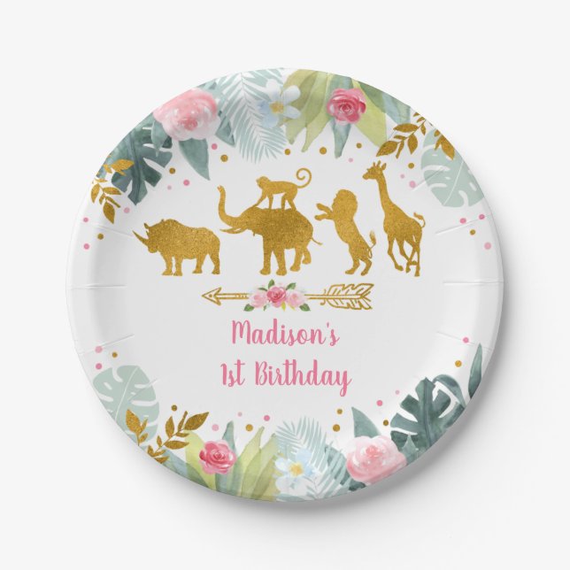 Pink Gold Safari Animal Greenery Birthday Paper Plate (Front)