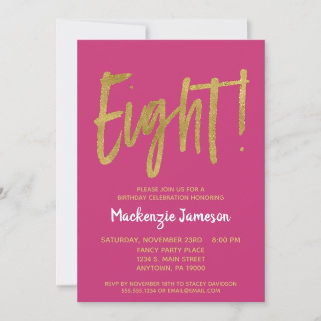 Pink Gold Script 8th Birthday Party Invitation (Front)