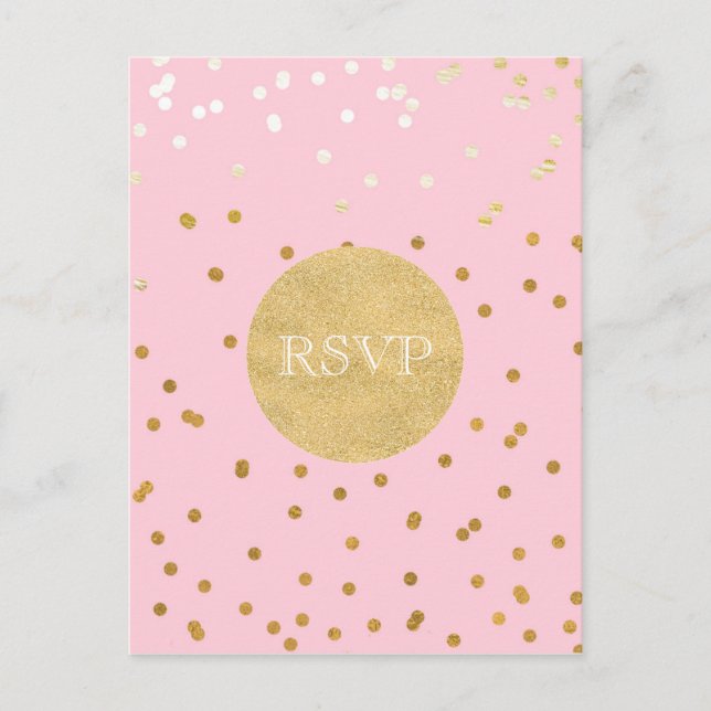 Pink & Gold Shiny Confetti Dots Chic Modern RSVP Invitation Postcard (Front)