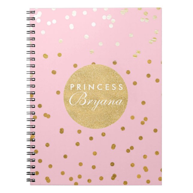 Pink & Gold Shiny Confetti Dots Modern Notebook (Front)