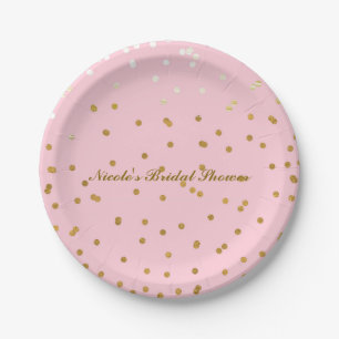 Pink & Gold Shiny Confetti Modern Bridal Shower Paper Plate