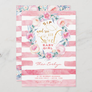 Pink & Gold Sip and See Baby Shower Invitations
