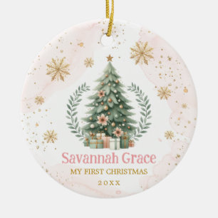 Pink Gold Snowflake Baby 1st Christmas Ceramic Ornament