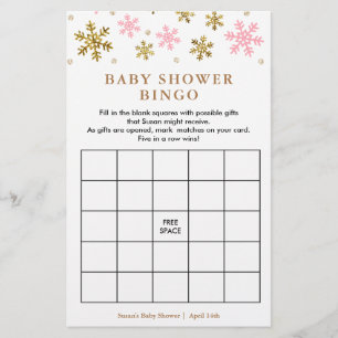 Pink & Gold Snowflake Baby Shower Bingo Game Card