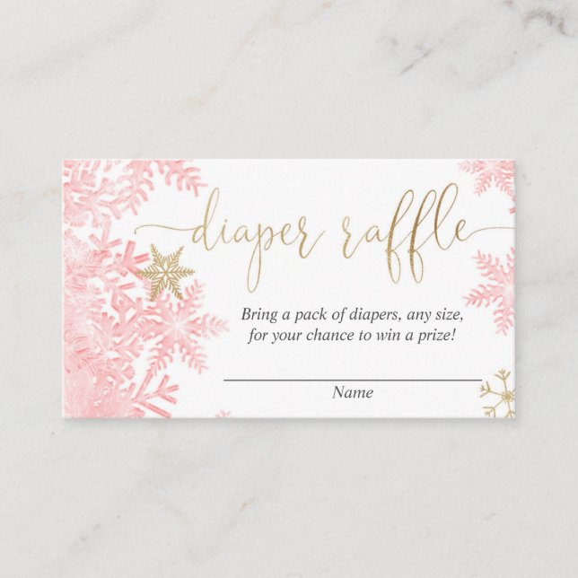 Pink gold snowflake girl baby shower diaper raffle enclosure card (Front)