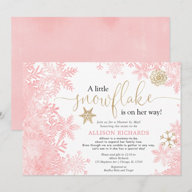 Pink gold snowflake Shower by Mail baby shower Invitation (Front/Back)