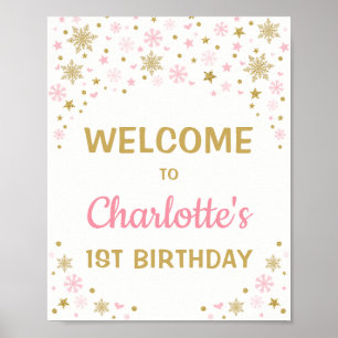 Pink Gold Snowflake Winter 1st Birthday Welcome Poster
