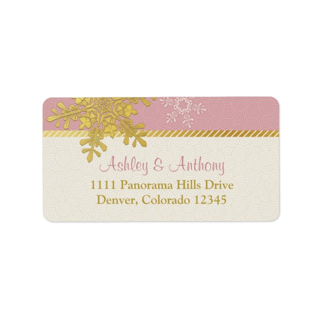 Pink Gold Snowflake Winter Wedding Address Labels (Front)