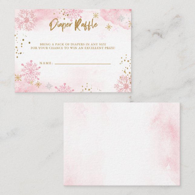 Pink Gold Snowflakes Baby Shower Diaper Raffle Enclosure Card (Front/Back)