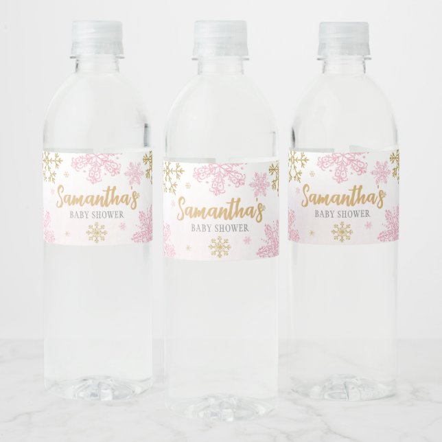 Pink Gold Snowflakes Baby Shower  Water Bottle Label (Bottles)