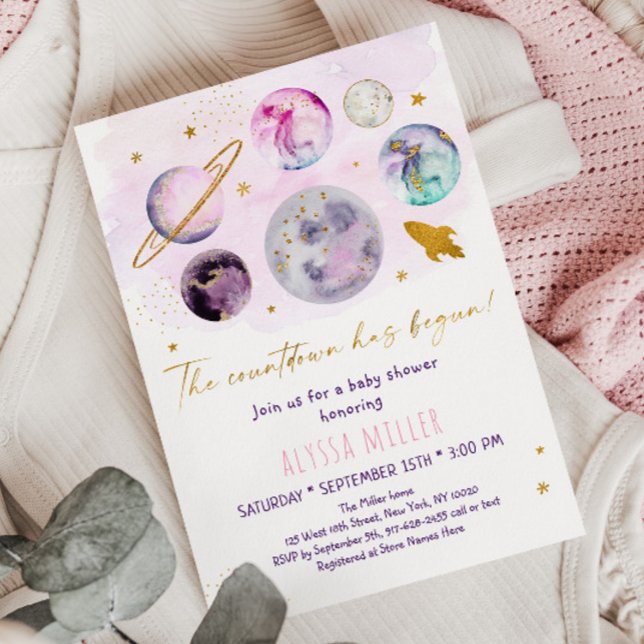 Pink Gold Space Countdown Has Begun Baby Shower Invitation (Creator Uploaded)