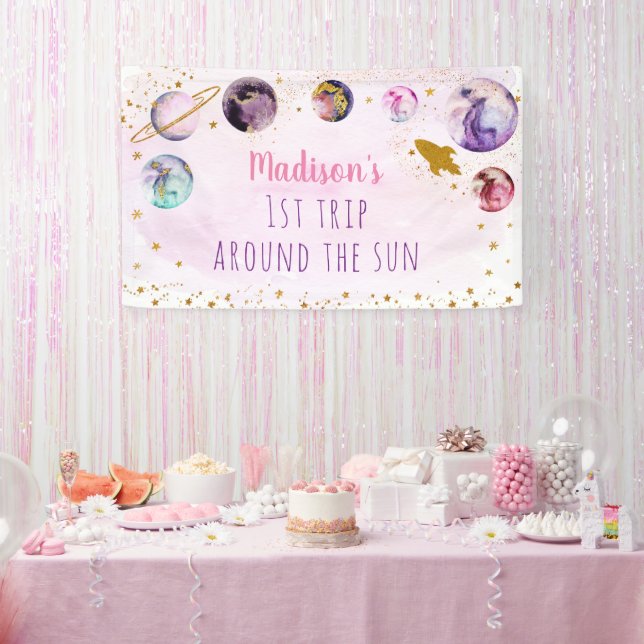 Pink Gold Space First Trip Around The Sun Birthday Banner (Party)