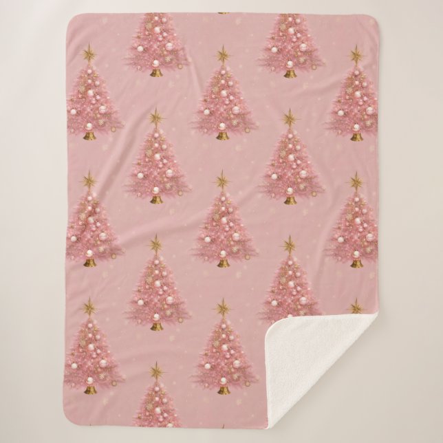 Pink Gold Sparkle Christmas Tree Sherpa Blanket (Front)
