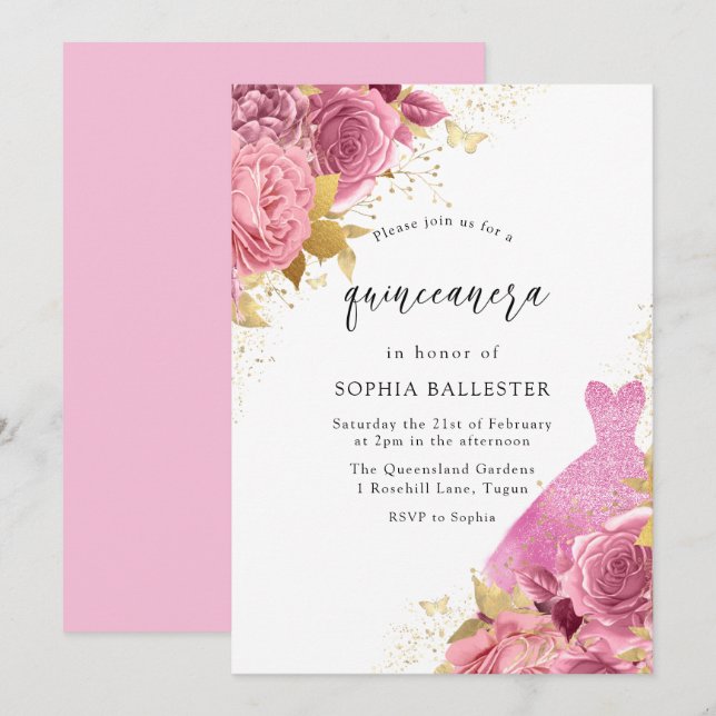 Pink & Gold Sparkle Dress Roses Quinceanera Party Invitation (Front/Back)