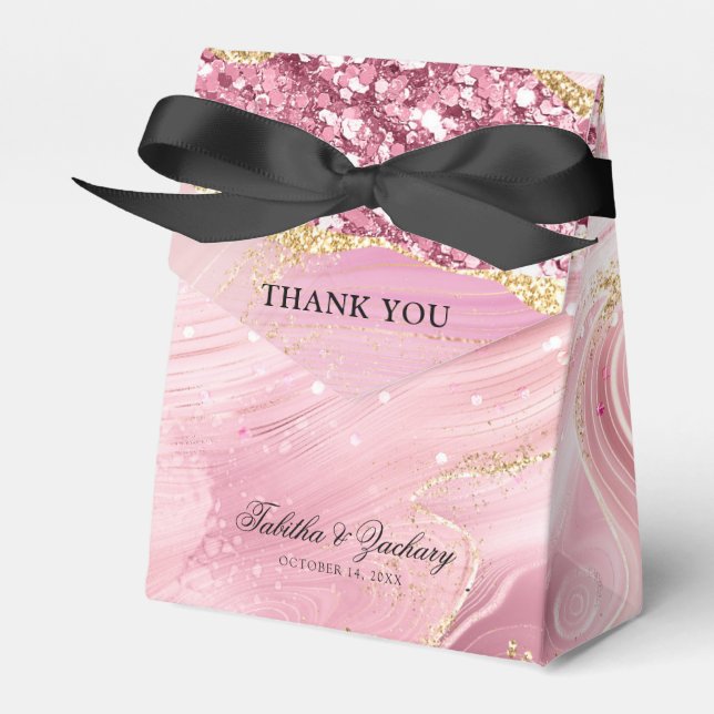 Pink Gold Sparkle Glitter Marble Wedding Favor Box (Front Side)