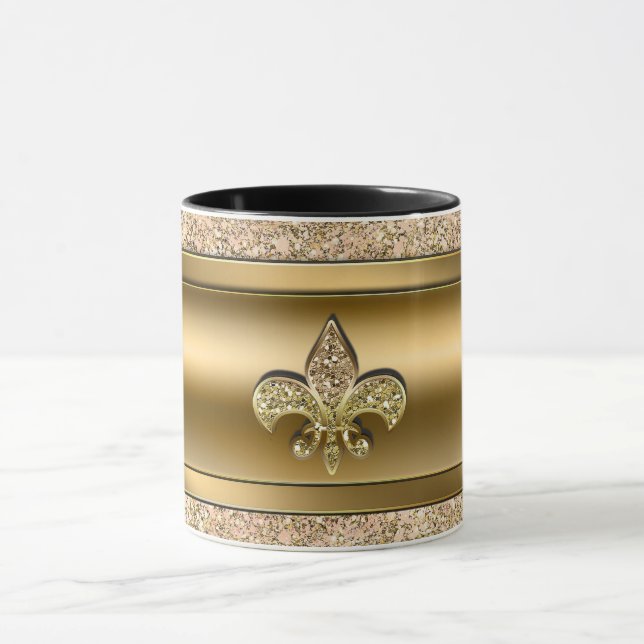 Pink & Gold Sparkle Glittery Fleur de lis Chic Mug (Center)