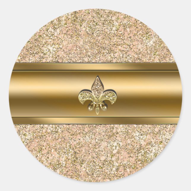 Pink & Gold Sparkle Glittery Fleur de lis Party Classic Round Sticker (Front)