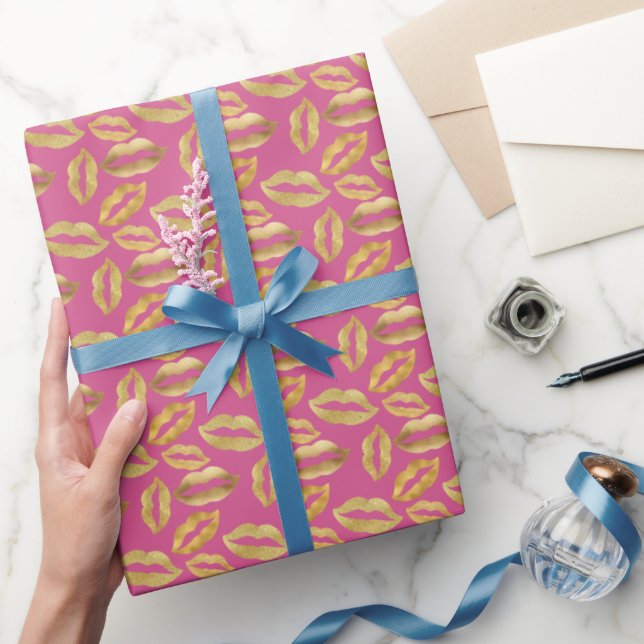 Pink Gold Sparkle Glitz Lips Kisses Wrapping Paper (Gifting)