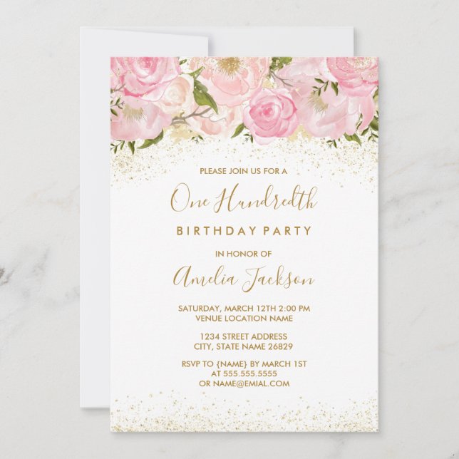 Pink Gold Sparkle Rose 100th Birthday Invitation (Front)