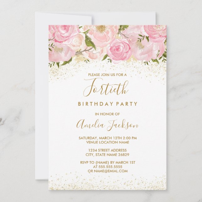 Pink Gold Sparkle Rose 40th Birthday Invitation (Front)