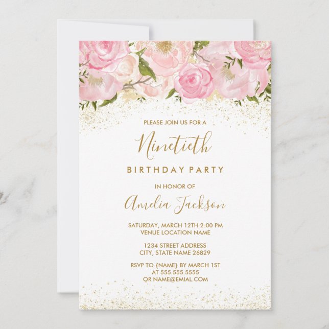 Pink Gold Sparkle Rose 90e anniversaire Invitation (Devant)