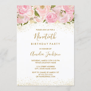 Pink Gold Sparkle Rose 90th Birthday Invitation