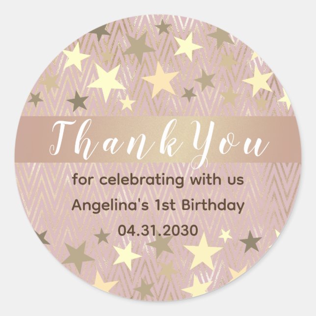Pink Gold Stars 1st Birthday Thank You Classic Round Sticker (Front)