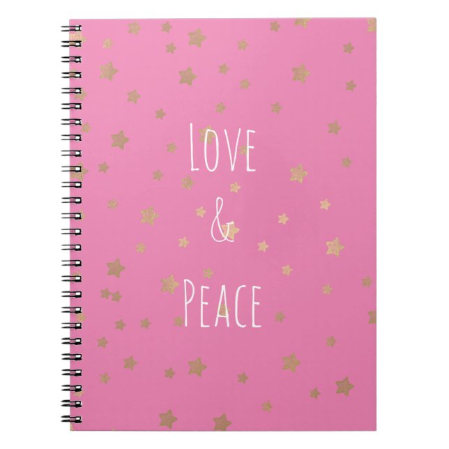 Pink Gold Stars Love and Peace Notebook (Front)