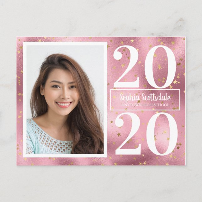 Pink Gold Stars Photo Graduation Announcement (Front)