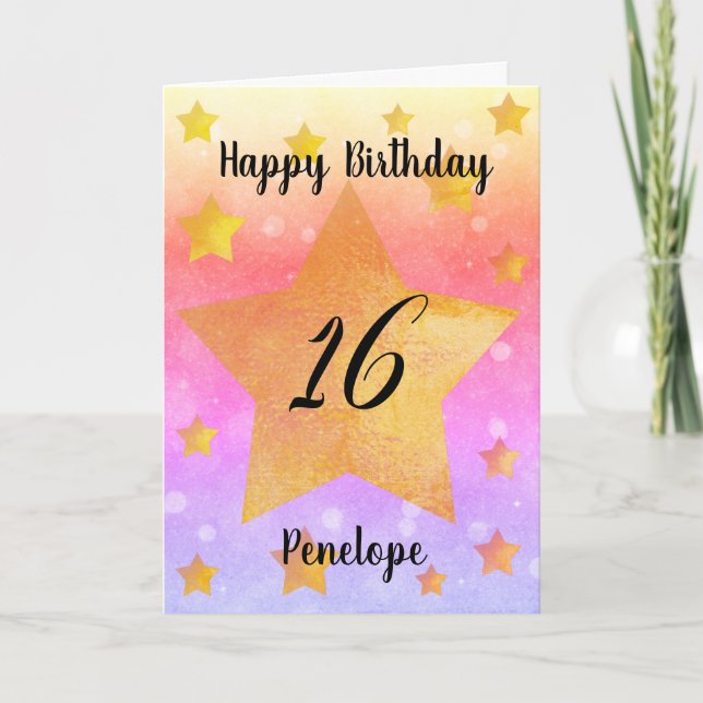 Pink Gold Stars Watercolor 16th Birthday Card (Front)