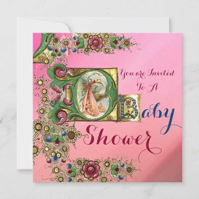 PINK GOLD STORK GIRL BABY SHOWER FLORAL MONOGRAM INVITATION (Front)