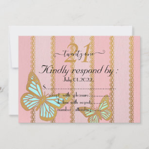 Pink Gold Stripes and Buterfly 21st Birthday Invitation