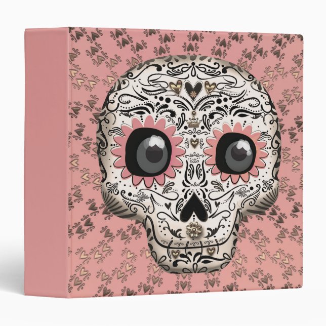 Pink & Gold Sugar Skull & Cute Whimsical Hearts Binder (Front/Spine)