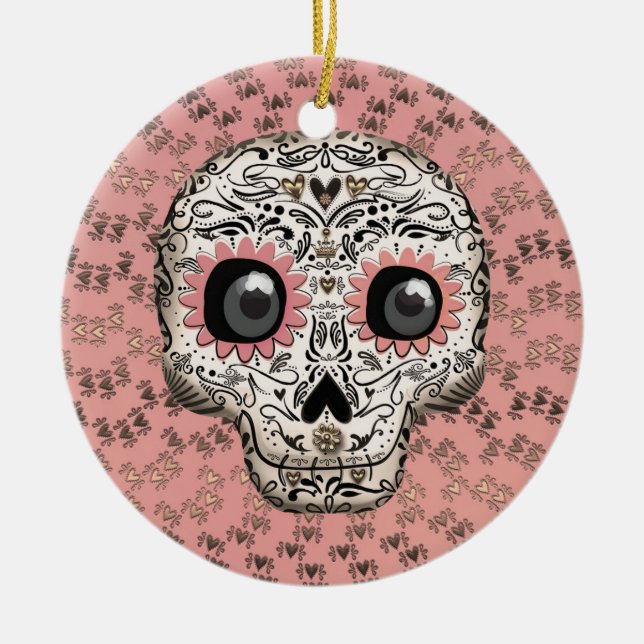 Pink & Gold Sugar Skull & Cute Whimsical Hearts Ceramic Ornament (Front)