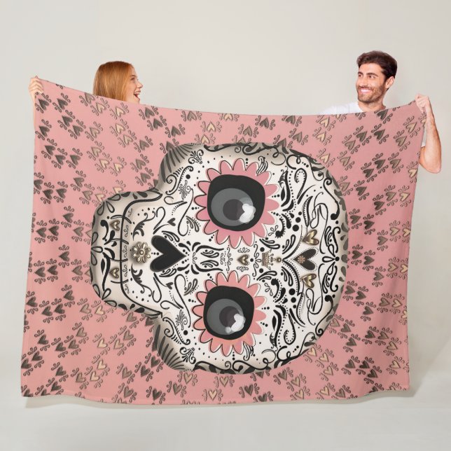 Pink & Gold Sugar Skull & Cute Whimsical Hearts Fleece Blanket (In Situ)