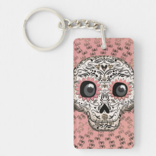 Pink & Gold Sugar Skull & Cute Whimsical Hearts Keychain