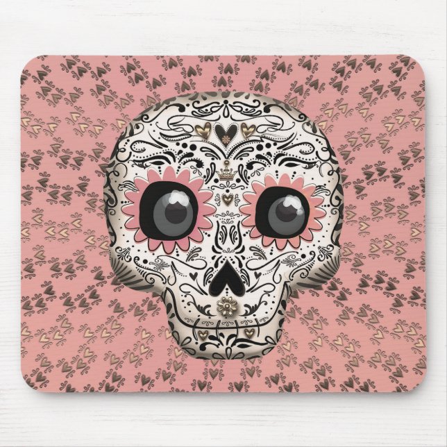 Pink & Gold Sugar Skull & Cute Whimsical Hearts Mouse Pad (Front)