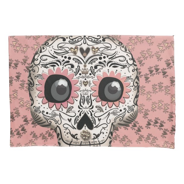 Pink & Gold Sugar Skull & Cute Whimsical Hearts Pillowcase (Front)