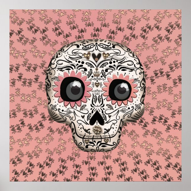 Pink & Gold Sugar Skull & Cute Whimsical Hearts Poster (Front)