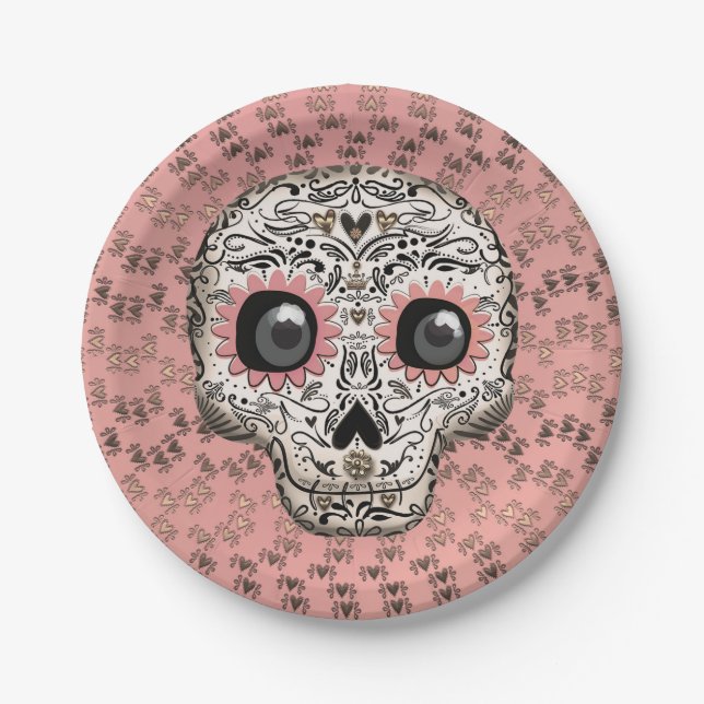 Pink & Gold Sugar Skull Whimsical Cute Party Paper Plate (Front)