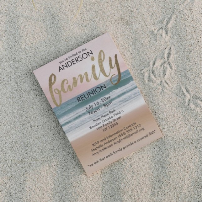 Pink Gold Sunset Beach Family Reunion Invitation (Creator Uploaded)