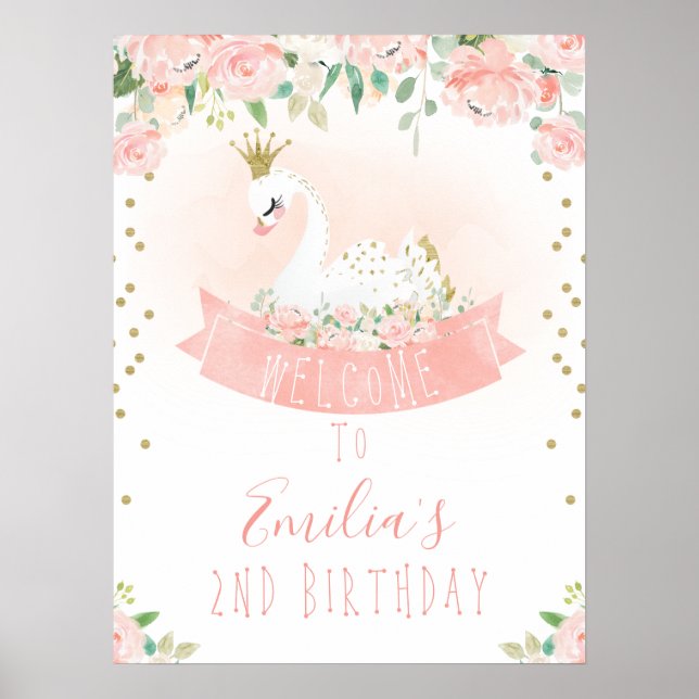 Pink Gold Swan Princesse Bienvenue Poster d'annive (Devant)
