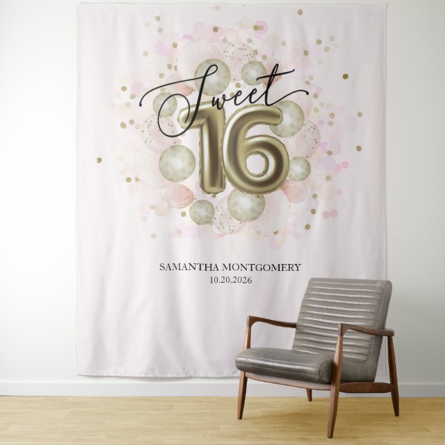 Pink Gold Sweet 16 Backdrop Tapestry (In Situ)